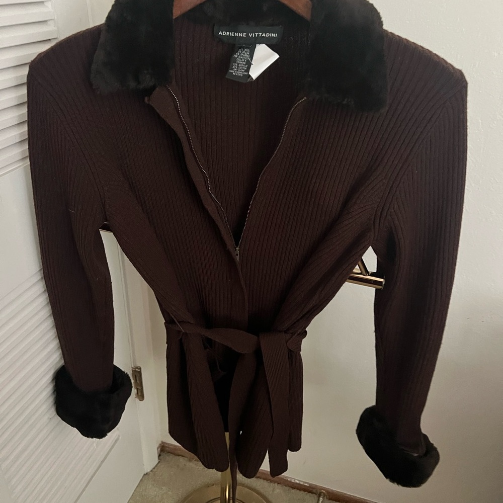 Adrienne Vittadini Vintage Expresso Brown Women's zipped wool blend cardigan